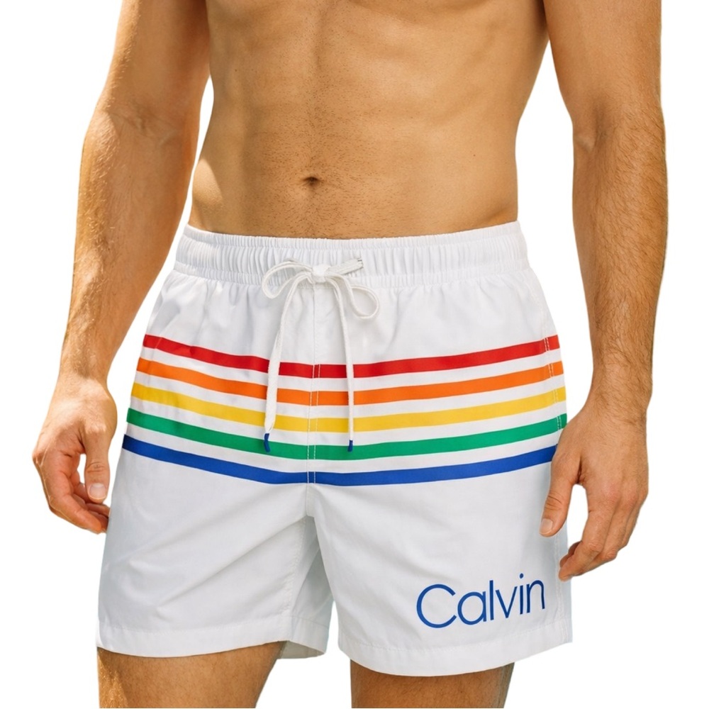Calvin Klein White Rainbow Stripe pocket Swim Trunks Shorts Men’s Size L NWOT